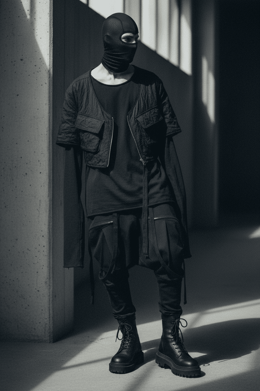 Centerpiece lookbook image of a model in avant-garde black ZWARTO streetwear with dramatic shadow.